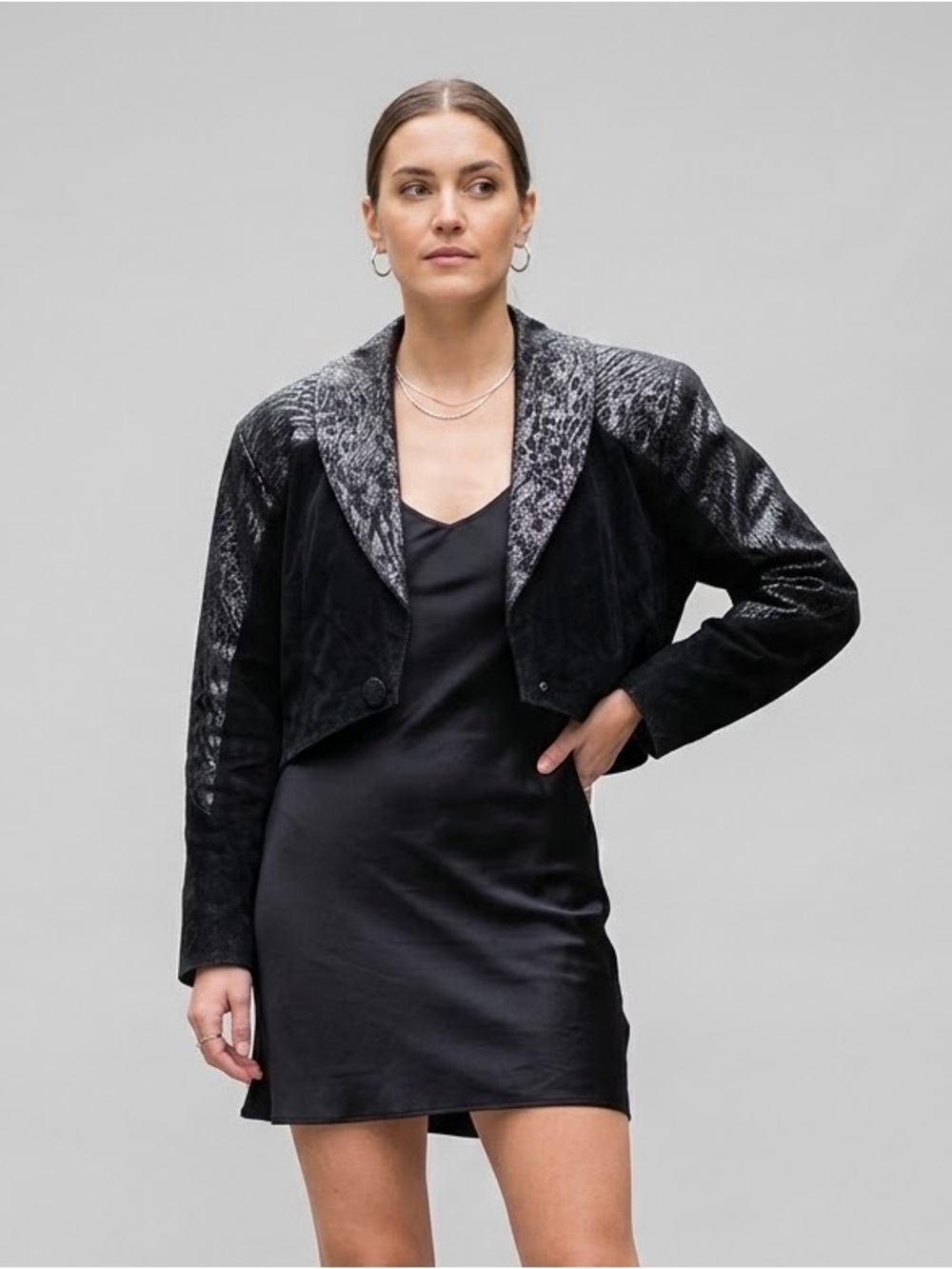 Vintage 80s Preview Leather Cropped Jacket Black Suede Snakeskin Bolero M Shrug